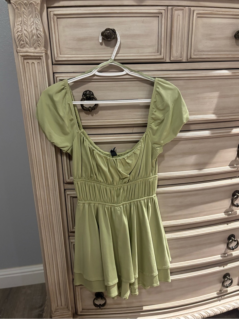 Pistachio Green Ruffled Milkmaid Romper / Mini Dress